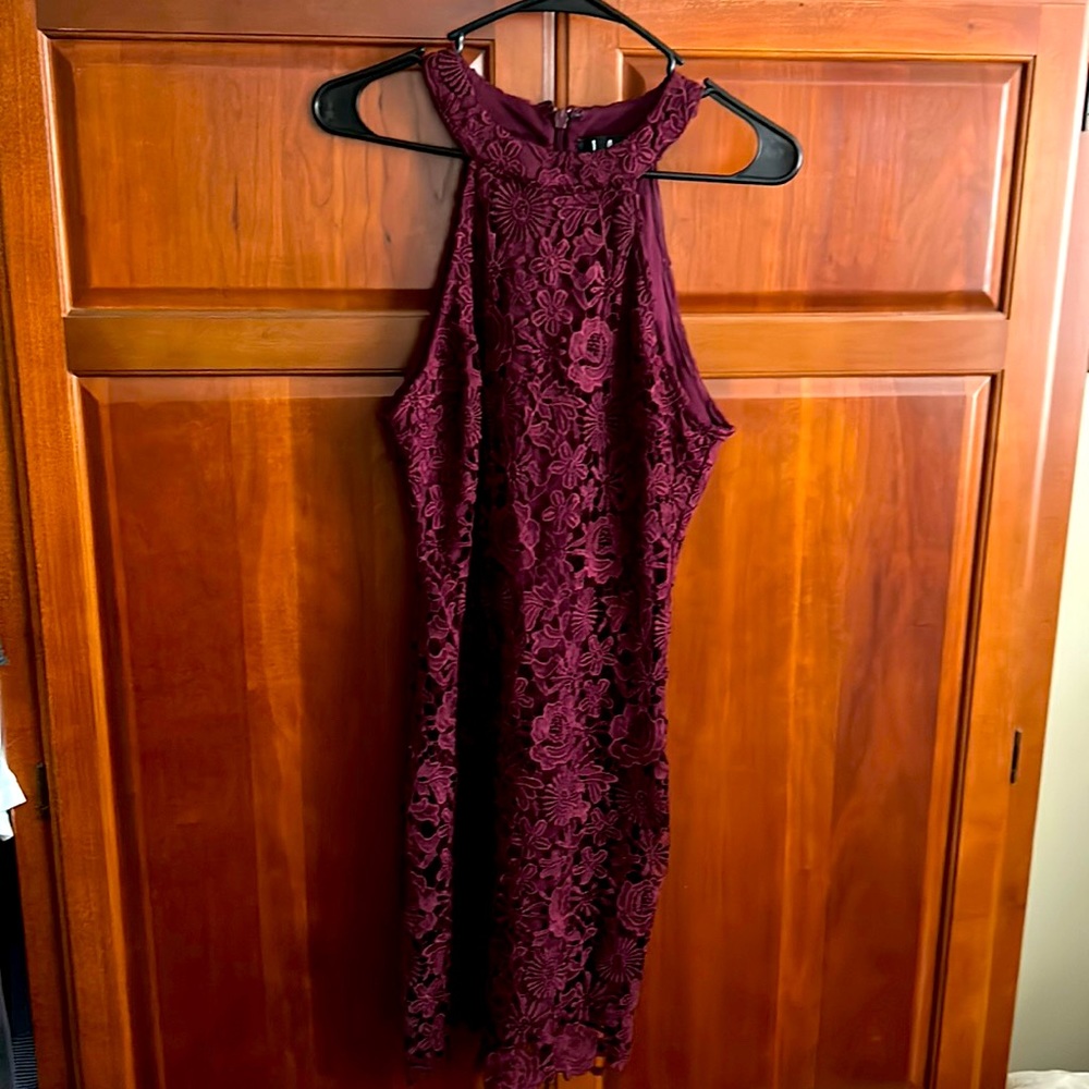 Lulu's Burgundy Floral Lace High-Neck Mini Dress